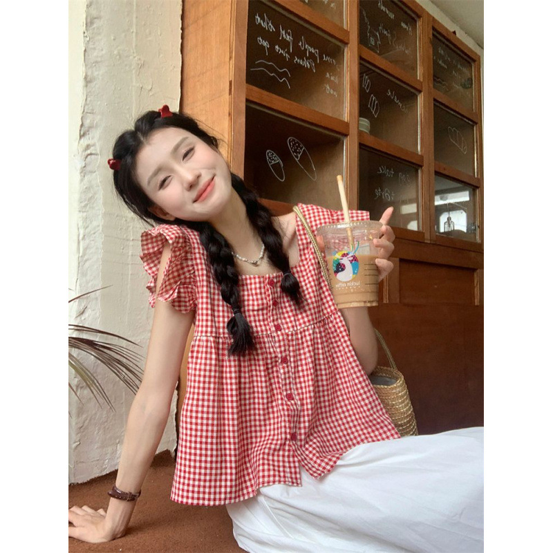 Cross-Border Sweet Ruffled Plaid Shirt with Small Flutter Sleeves, Doll-Style Blouse for Women, Autumn 2026 New Design Shirt Cross-Border Sweet Ruffled Plaid Shirt with Small Flutter Sleeves, Doll-Style Blouse for Women, Autumn 2026 New Design Shirt