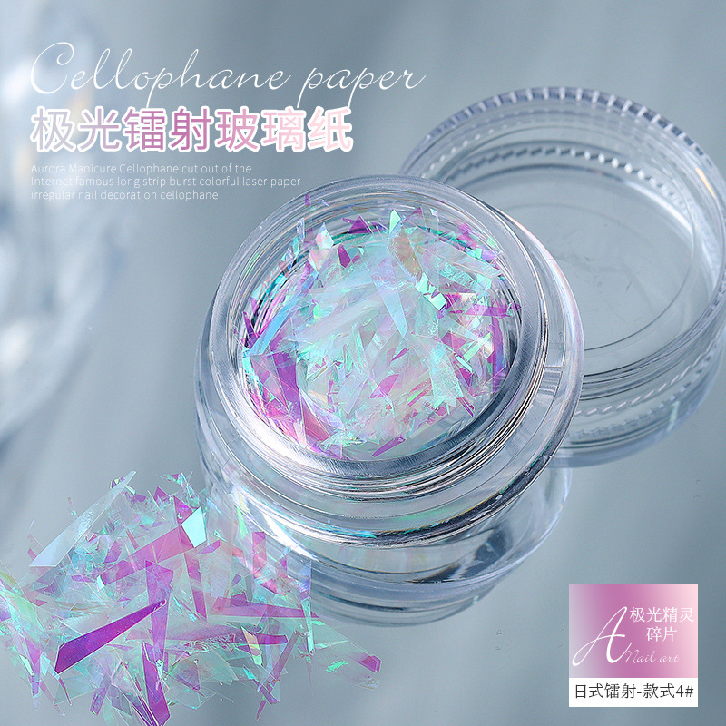 Aurora elfo fragmentos irregulares celofán Corte libre tira flash colorido láser papel uñas pegatina al por mayor