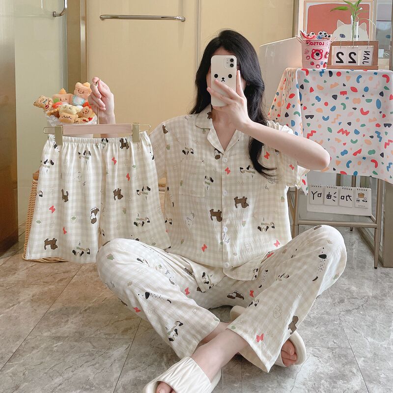 国境を越えた日本と韓国のクラウドコットンパジャマ3点セット春夏レディースプリントかわいいホーム服漫画スーツ新しいスタイル|undefined