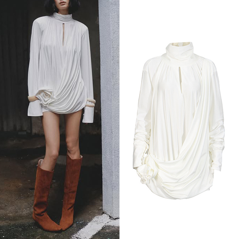 Elegant and Sophisticated Niche Dress 2026 Spring New Solid Color High-Neck Long-Sleeve Three-Dimensional Floral Patchwork Dress for Women