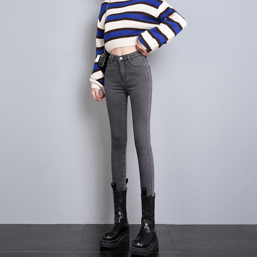 Smoke-gray high-waisted padded thick women's elastic slim fit pants for autumn and winter one-piece velvet pencil pants
