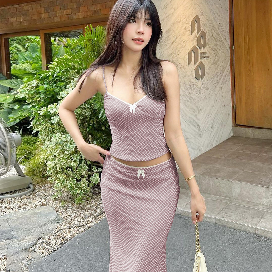 Women Clothing Summer Sweet Printed Suit Sexy Cropped Small Strap Slim Fit Dress Two Piece Set Women