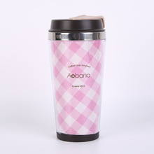 粉色格子双层咖啡杯 外塑内钢防烫保温杯 跨境爆款日用品马克杯