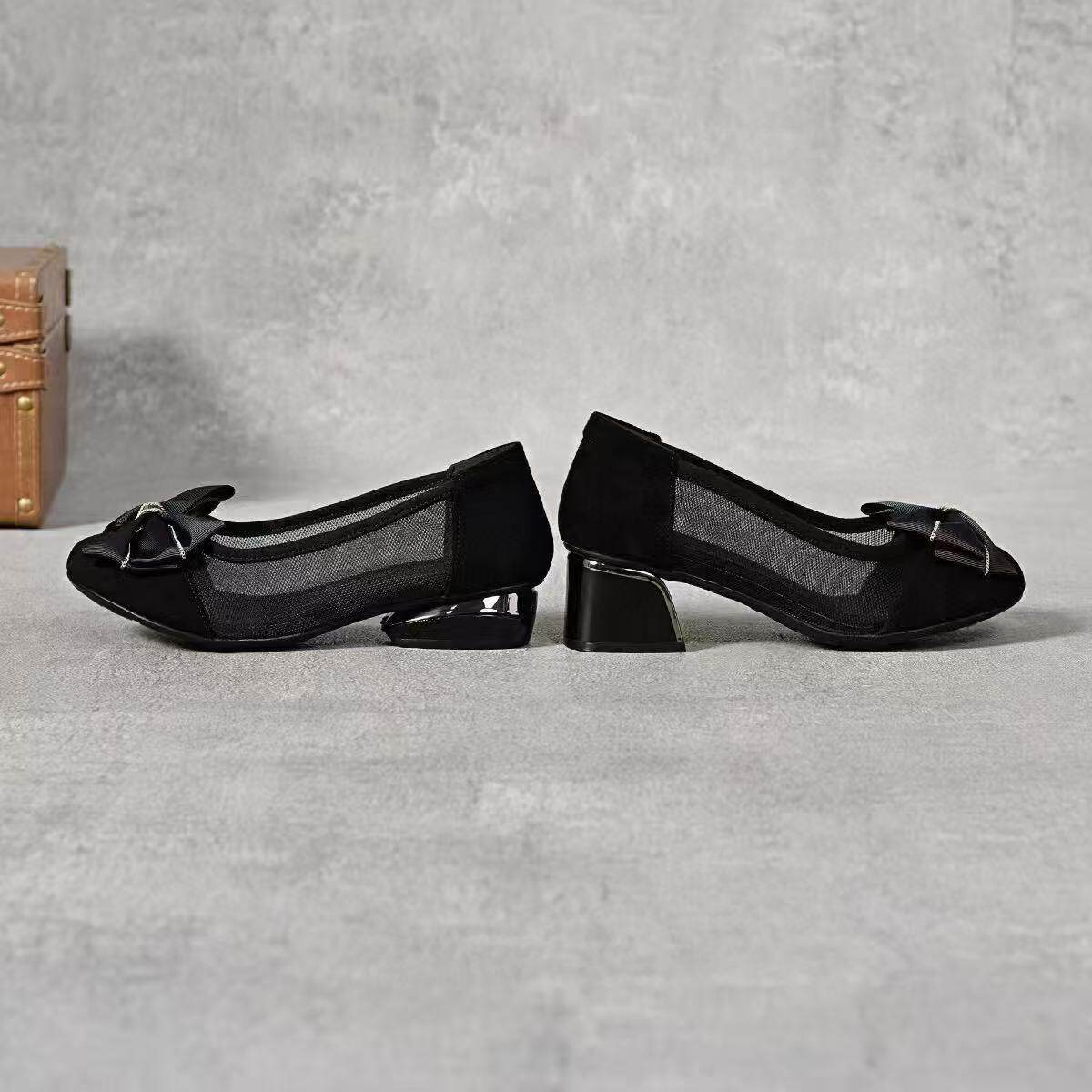 Giày búp bê nữ mũi tròn da thật lưới gót thấp 3 cm đế mềm — Đen 3cm chi tiết 8