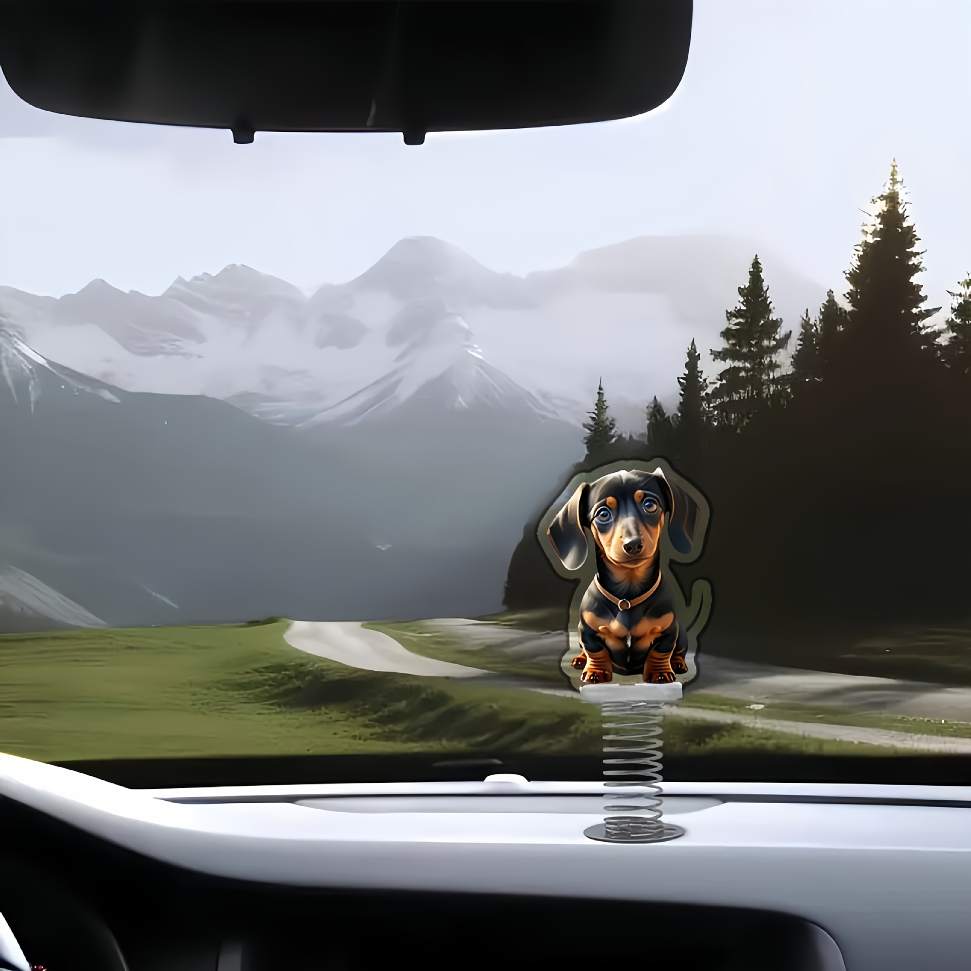 Amazon nuevo estilo encantador acrílico plano lindo perro resorte coche espejo retrovisor mochila o llavero colgante