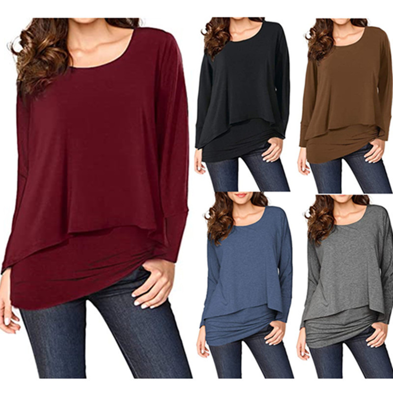 2022 European and American cross-border new women's casual T-shirt long sleeve waist top batwing layered round neck Loose Women