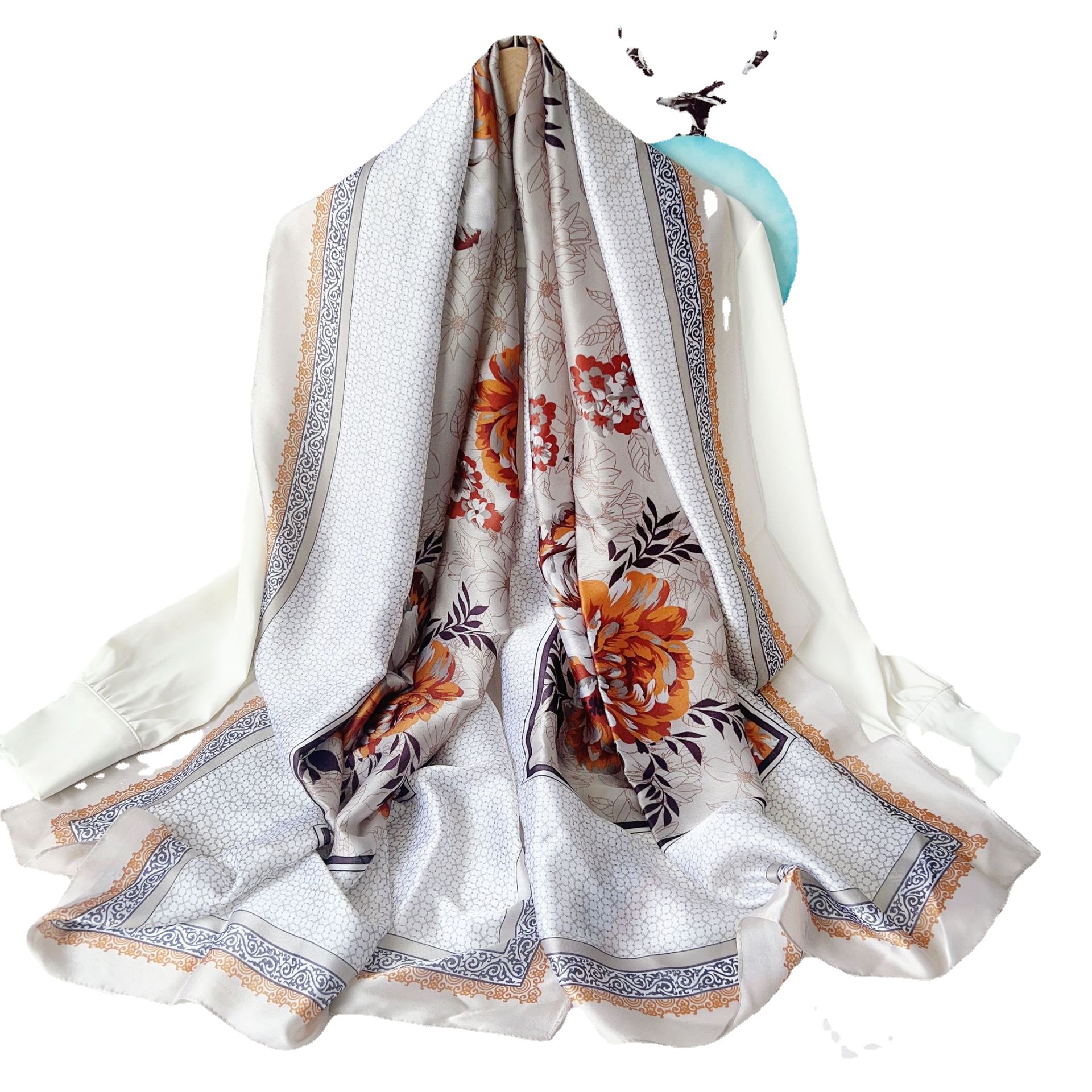 Seda artificial impresa larga bufanda mujer verano fino protector solar chal moda mamá viajes fotografía bufanda