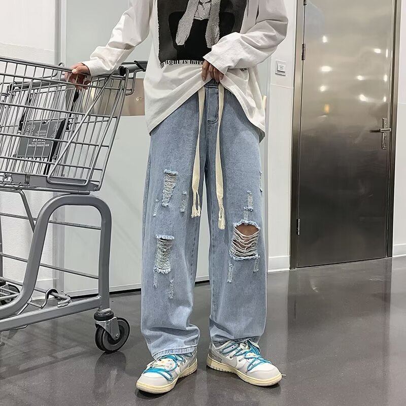 Jeans Men's Summer Fashionable Ripped All-match Loose Straight Pants American Style High Street Casual Long Pants with Loose Waist