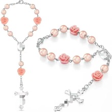 亚马逊新款十字架玫瑰花手链速卖通粉色念珠跨境热销