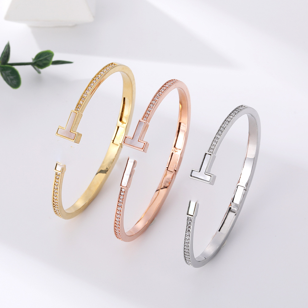 双t开口手镯aaa锆石镶嵌天然贝壳时尚手环满钻轻奢高级感手饰手镯