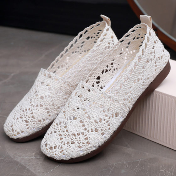 Summer New Style Old Beijing Mesh Shoes, Breathable Mesh Cloth Shoes, Shallow Mouth Cut Out Lace Women's Shoes, Soft Sole Casual Mom Shoes