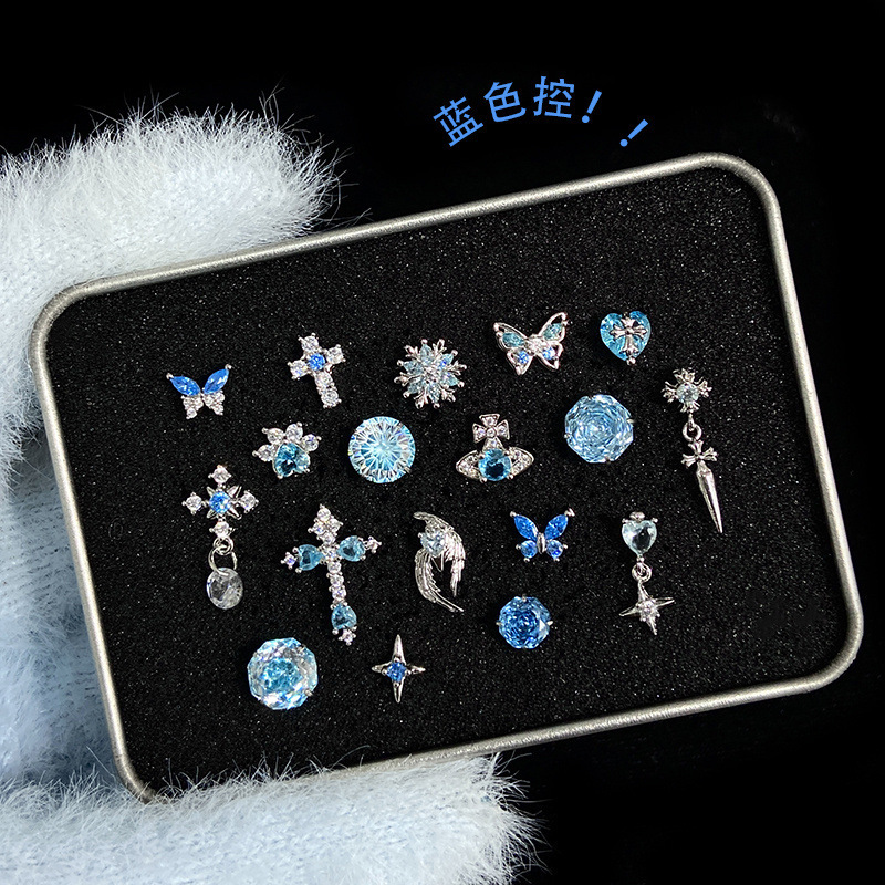 Titanium alloy earrings with 0.9mm internal thread, various combinations in ice blue series, ear bone studs with copper inlay and zircon, titanium steel earrings Titanium alloy earrings with 0.9mm internal thread, various combinations in ice blue series, ear bone studs with copper inlay and zircon, titanium steel earrings