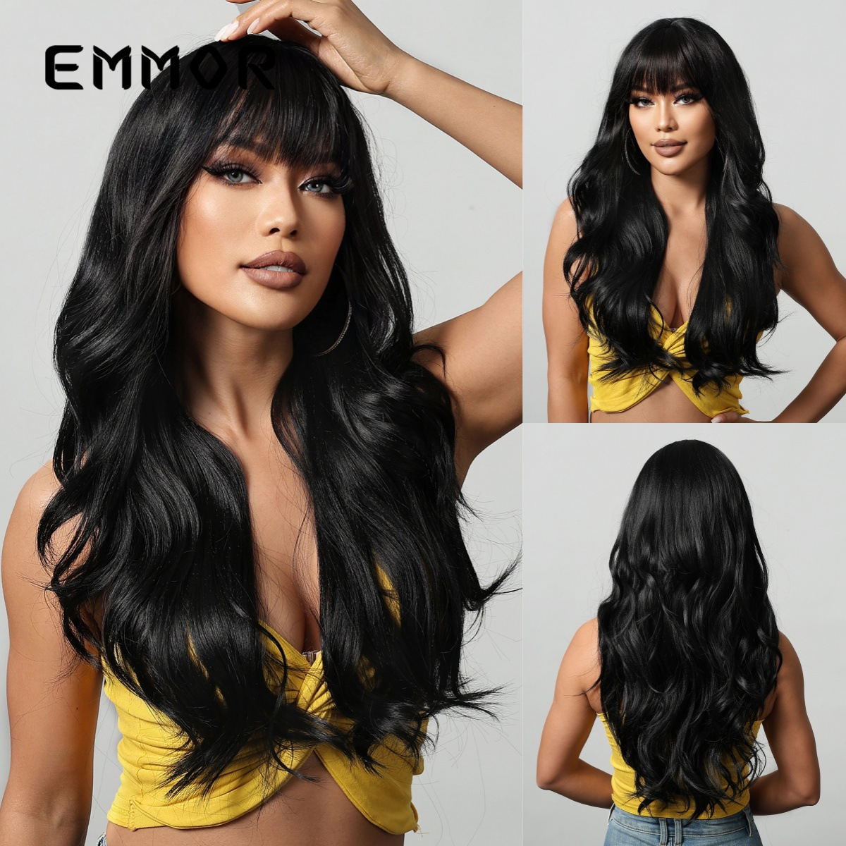 Comercio exterior nuevo aire flequillo estilo europeo y americano té con leche marrón ondas grandes cabello largo y rizado peluca cabello completo wigs