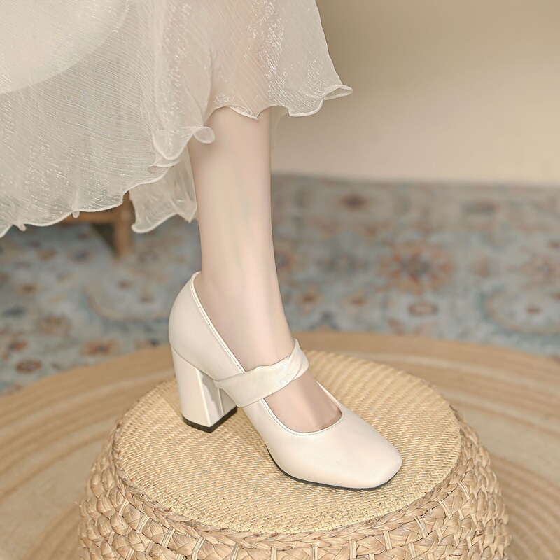 302-21 French-Style Square-Toe High Heels, New Versatile Chunky Heels, Large Size, Extra Wide, 41 42 43 Single Shoes