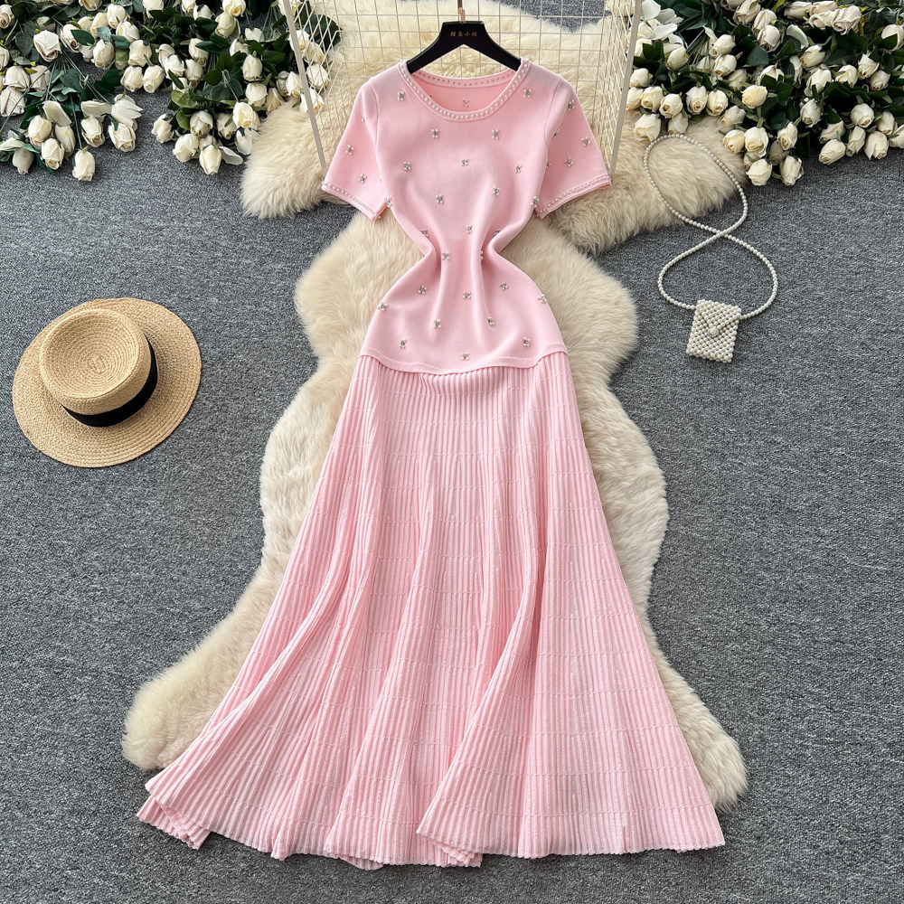 Women's French Style Beaded Short Sleeved Dress Summer Gentle Feminine High Waisted A-Line Skirt Slimming Flattering for Commuting_ecoleips.com