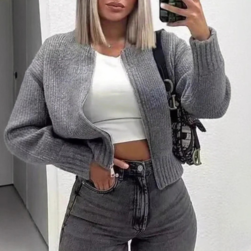 Cross-border European and American Fashion Brand Round Neck Cardigan Sweater Women's Y2K Elegant Commuter Style Zipper Jacket Loose All-match Top