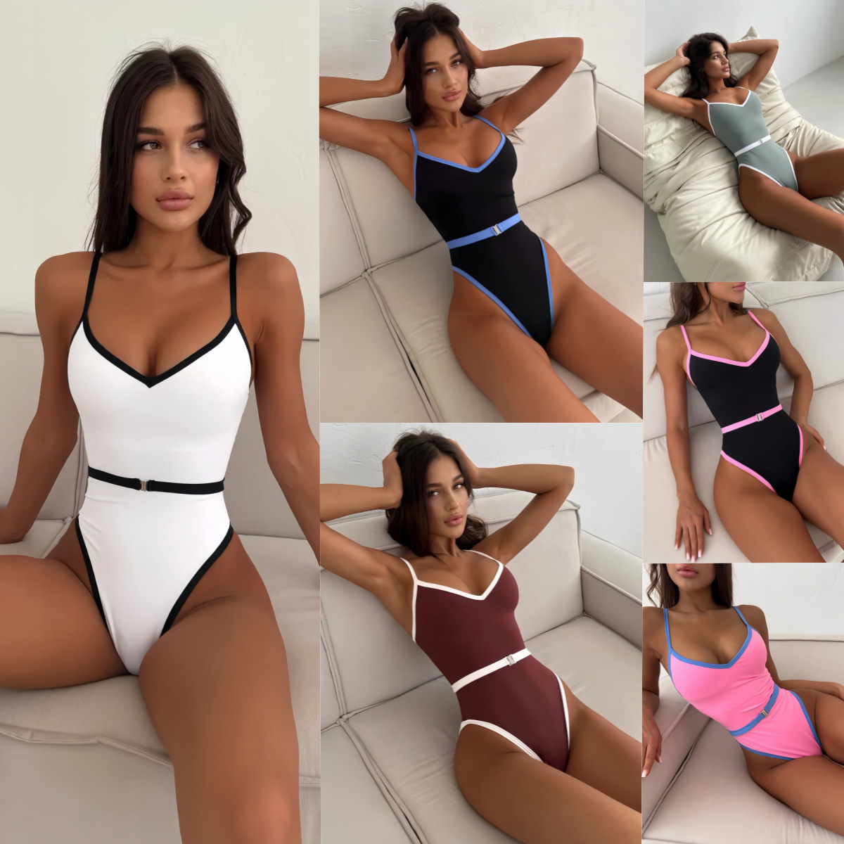 One-Piece Swimsuit European and American New Fashion Simple Contrasting Color Sexy Beach Vacation Swimsuit Women's Cross-Border Factory Exclusive