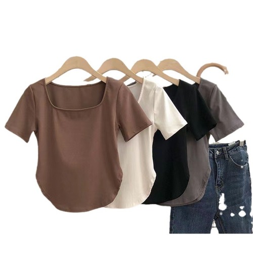 Wholesale New French Pure Desire Women's Sexy Solid Color Short Sleeve T-Shirt Summer Casual Square Collar Base Layer Top for Women