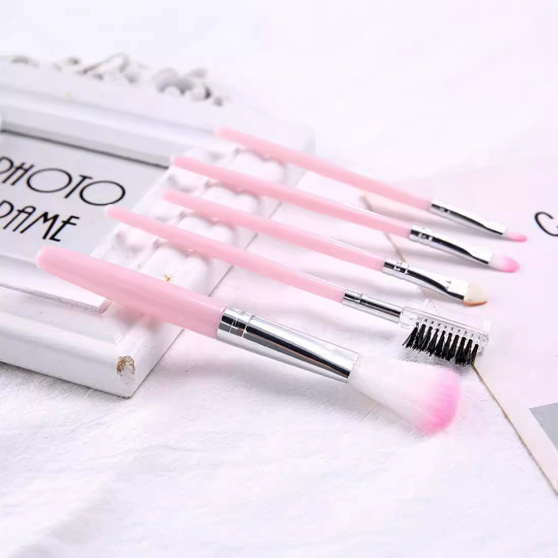 Makeup brush set, 5‑piece pink brushes for eye and face, OPP bag, wholesale/OEM