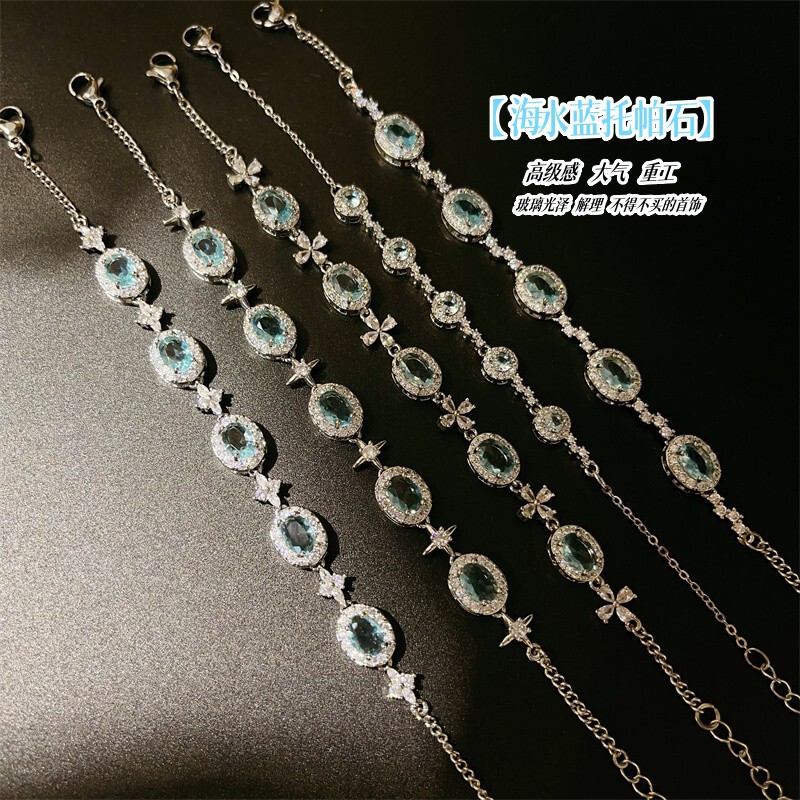 High-End Sea Blue Topaz Micro-Paved Zircon Stacked Flower Bracelet, Versatile and Exquisite Bracelet Jewelry