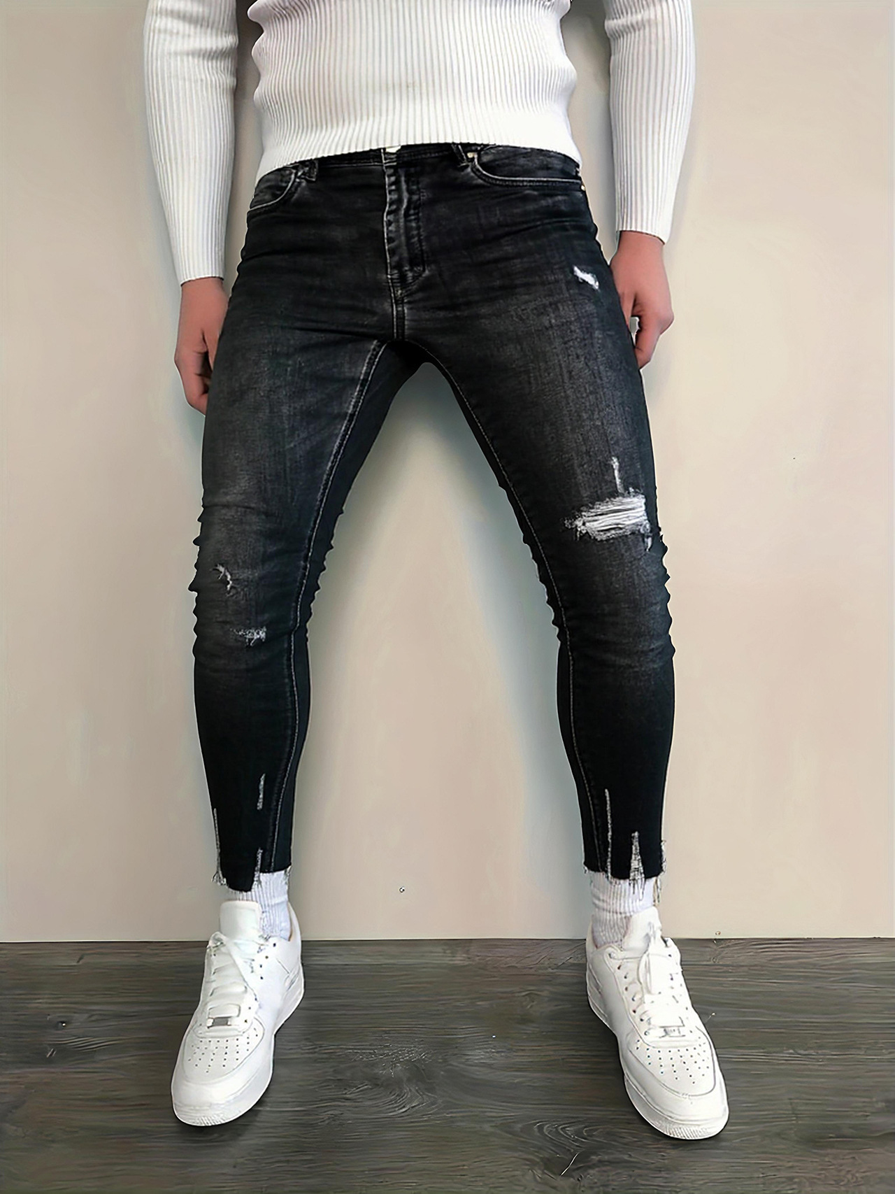 Jeans slim fit uomo strappati elastici pantaloni in denim_voghion.com