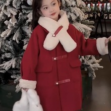 女童加绒外套冬装新款儿童红色呢子大衣小女孩中长款新年衣服
