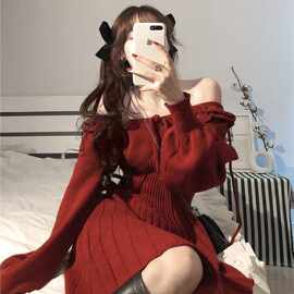 学生ins韩版美女茶话会~红色针织连衣裙女收腰显瘦修身方领A字裙
