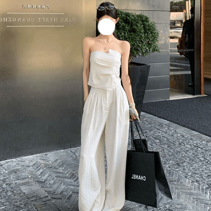 French Style Sexy Spice Girl Irregular Pleated Chest Wrap Top Summer White Texture High Waist Wide Leg Pants suit Women