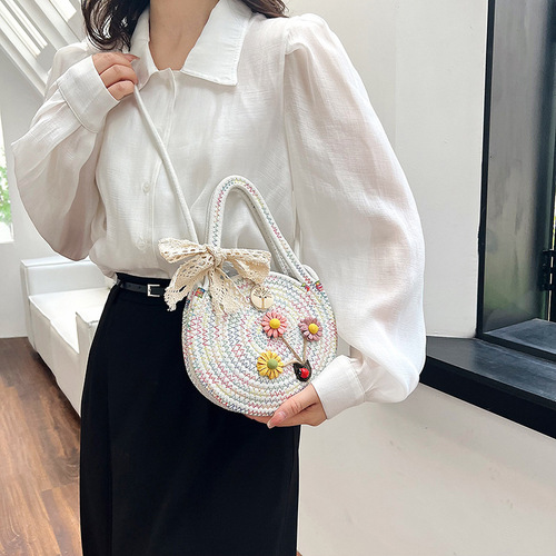 Little Round Bag Lady 2024 Single Shoulder Cotton Rope Bag Top Handle Bag Hand-held Bag Lady Cross-Body Woven Bag