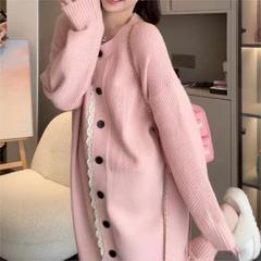 韩版休闲慵懒风秋冬新款花边拼接宽松显瘦长款毛衣女开衫针织外套