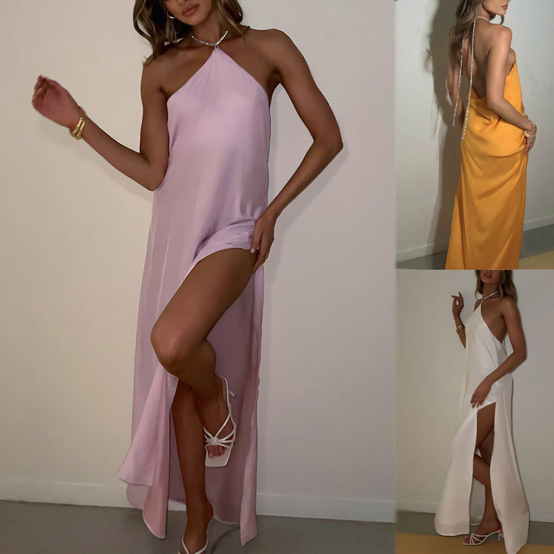 Amazon Foreign Trade Cross-Border New High-End Satin Halterneck Dress Sexy Backless Solid Color Slit Slim Long Dress