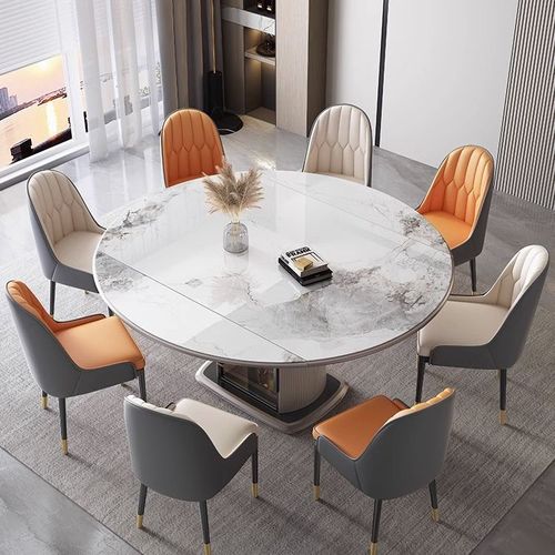 Luxury stone table, folding round dining table, extendable solid wood storage dining table and chairs for small apartments, induction cooker 