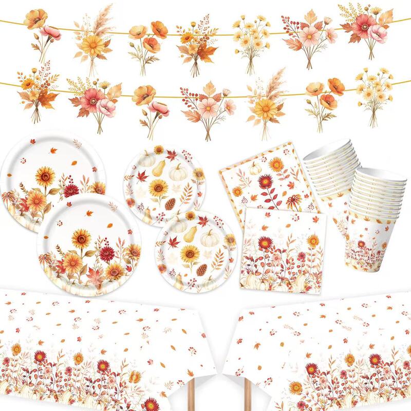 Autumn Harvest Sunflower Theme Party Disposable Paper Plates Paper Cups Paper Napkins Tableware Banner Flag Decoration Supplies Autumn Harvest Sunflower Theme Party Disposable Paper Plates Paper Cups Paper Napkins Tableware Banner Flag Decoration Supplies
