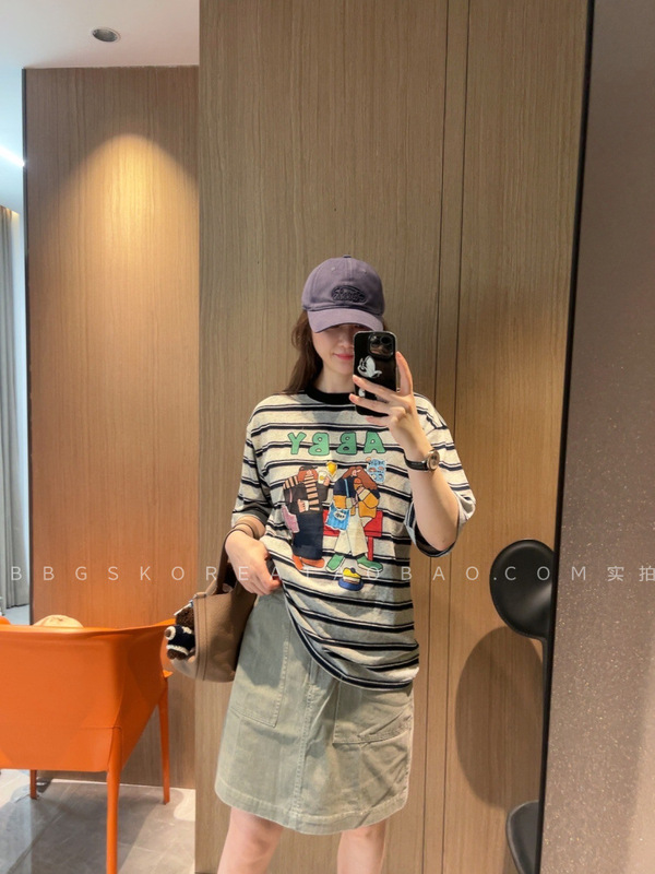 混色面料～现货2025夏季女条纹卡通印花宽松短袖长袖T恤|undefined