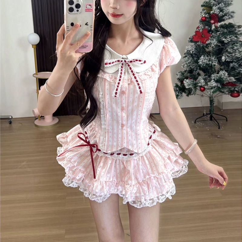 Sweet and Gentle Striped Polka Dot Suit for Women Summer Doll Collar Shirt Top Slimming Cake Skirt Two-Piece Set Sweet and Gentle Striped Polka Dot Suit for Women Summer Doll Collar Shirt Top Slimming Cake Skirt Two-Piece Set