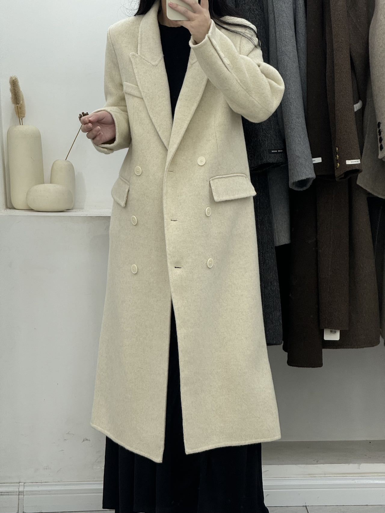 新型ゆったり型両面ウールコート レディース ダブルブレスト フォーマル グレー ヘリンボーン柄 カシミヤブレザー 通勤用