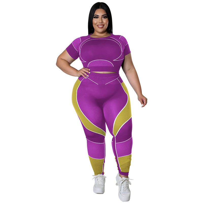 Plus Size Workout Sets For Women 3/4 Sleeve Crop Top And High Waist Yoga Pants, Color Block Sports Outfit, Sweet Style Athletic Wear_ecoleips.com