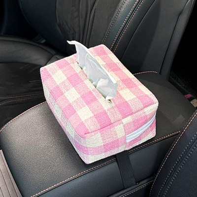 Car Sun Visor Tissue Bag — Car tissue box/set - plaid-tissue-paper-pink