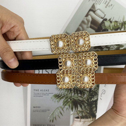 Women's Retro Chain Pearl Belt Women's Decorative Coat Shirt Dress Metal Button Buckle Thin Belt