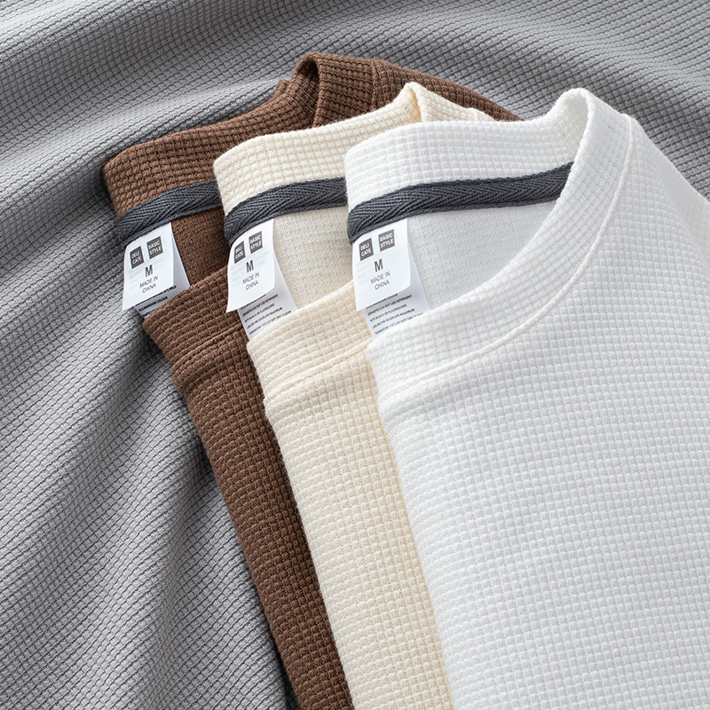Waffle Camiseta de manga larga de los hombres de estilo americano suelta camiseta superior otoño juventud color sólido japonés camisa de fondo