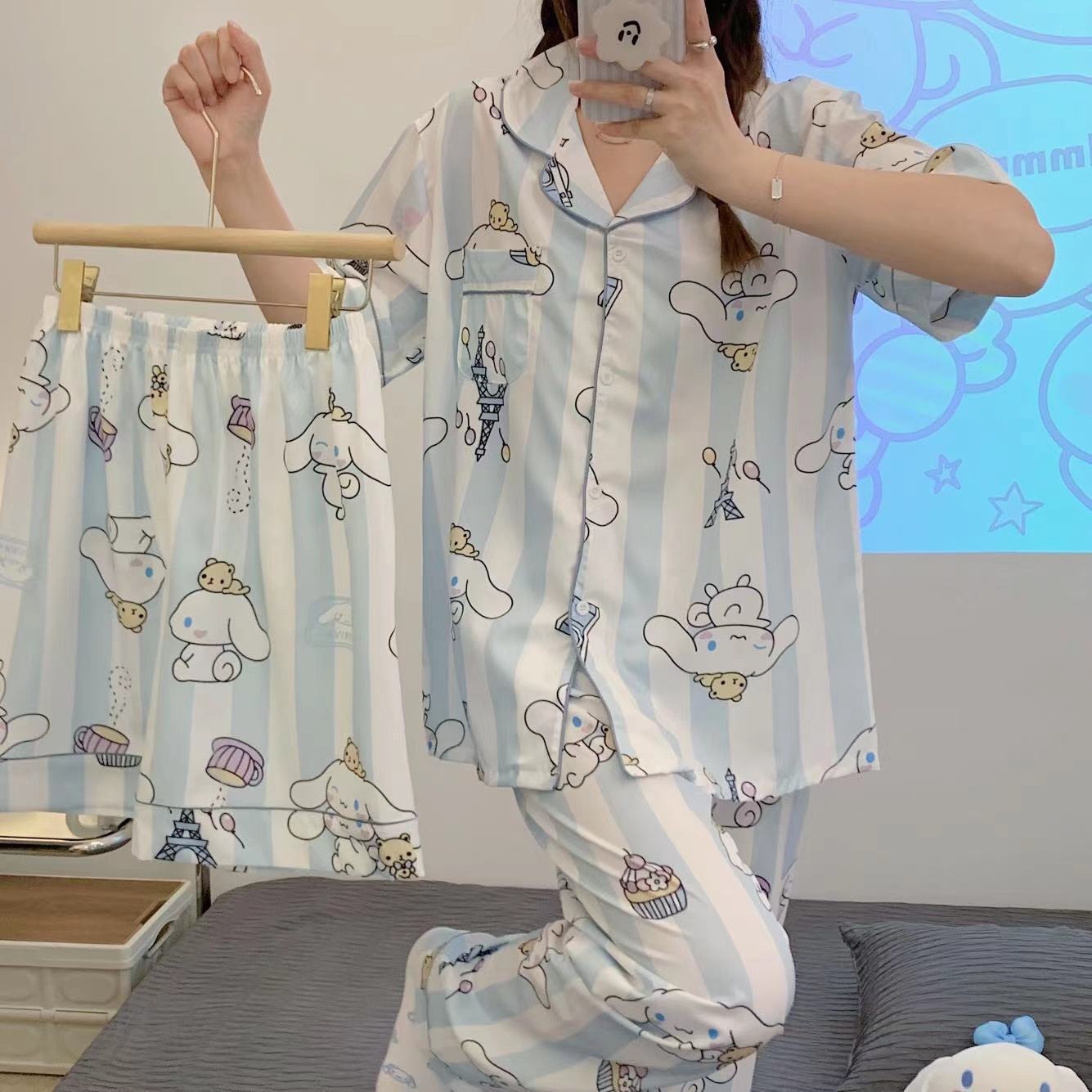 Pijamas de alta gama para mujer, conjunto de tres piezas con cárdigan a rayas de manga corta para verano, se puede usar en exteriores, conjunto de ropa para el hogar para primavera y otoño de 2025