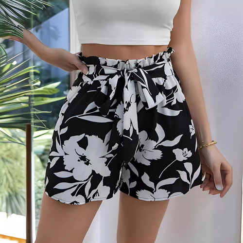 European and American Cross-Border Women's Plant Print Paper Bag Waist Shorts 2024 Spring Vacation High-Waisted Shorts