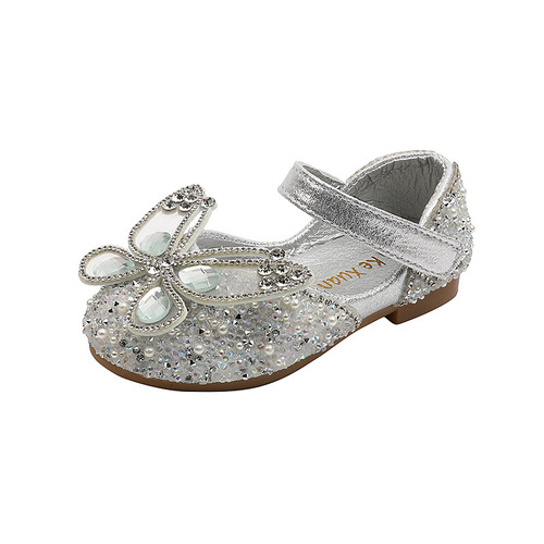 2024 Spring and Autumn New Korean Style Girls Princess Square Saliva Diamond Bow Single Shoes Leather Shoes Performance Dance Shoes for Girls