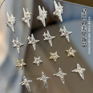 跨境热款星芒合金美甲饰品立体四芒星镶钻五角星金属指甲装饰配件