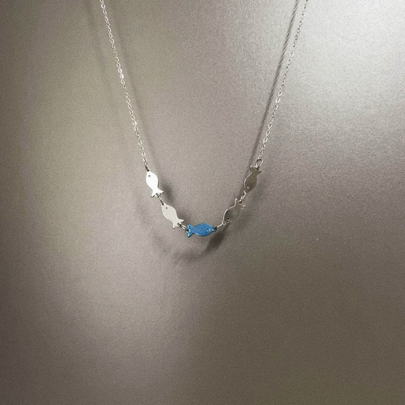 Vintage up Against the Tide Necklace Cross-Border New Blue Fish Titanium Steel Chain
