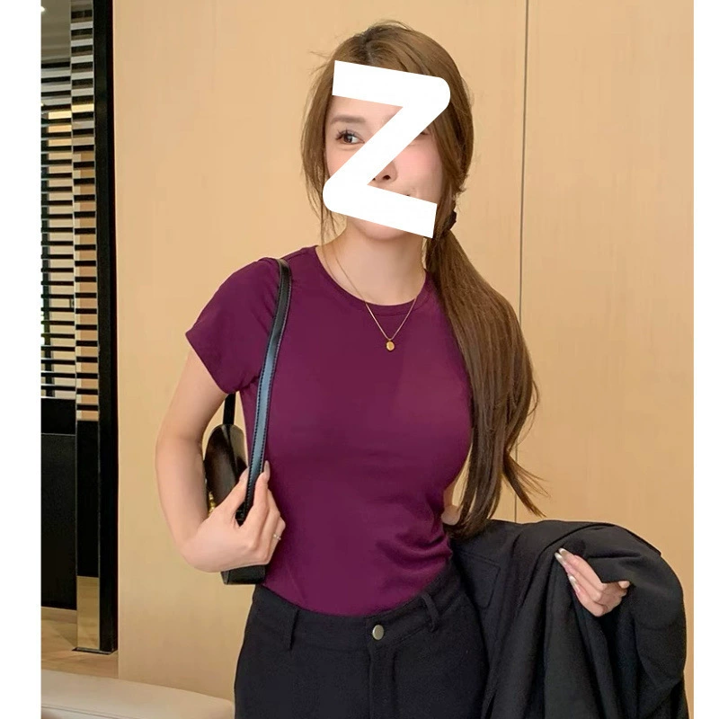 Женская футболка с короткими рукавами и круглым вырезом на правое плечо винно-фиолетового цвета, новинка лета 2025 года, утягивающий шикарный однотонный топ