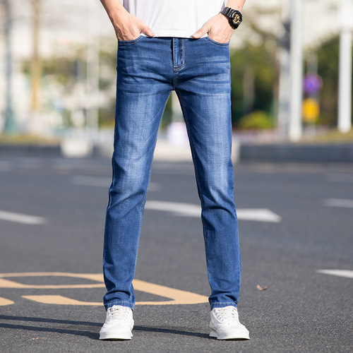  Four Seasons Regular Men's Stretch Jeans for Young Men, Korean Style Slim-fitting Matte White Mercerized Cotton Small Straight Pants