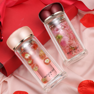Paul Fresh Heat Resistant 8K Bubble Double Layer Portable Water 2Uins Style Transparent Cute Flower Tea Cup Simple Glass Cup for Women