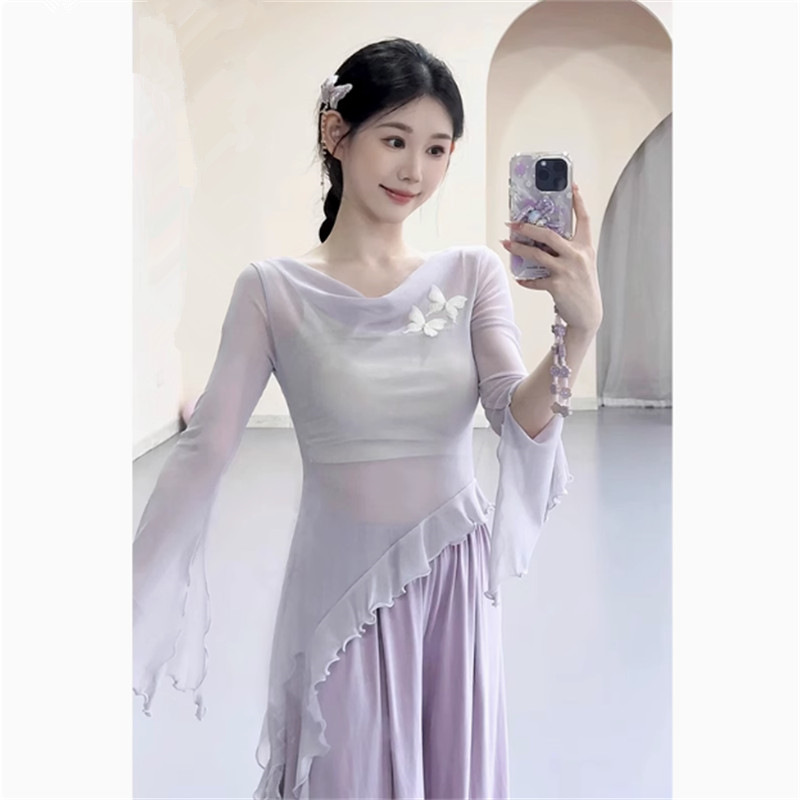 Fairy-Style Classical Dance Costume with Flowing Collar, Gauze Butterfly Chinese Mesh Long-Sleeve Top for Women, Modern Dance Practice Outfit