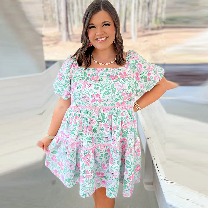 Летнее модное платье, мини-юбка, квадратный вырез, plus size, европейский стиль, свободный крой, высокая талия